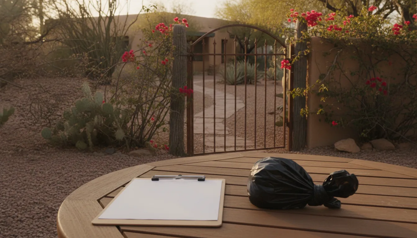 Closed pet waste bag and clipboard on a Tucson patio table
