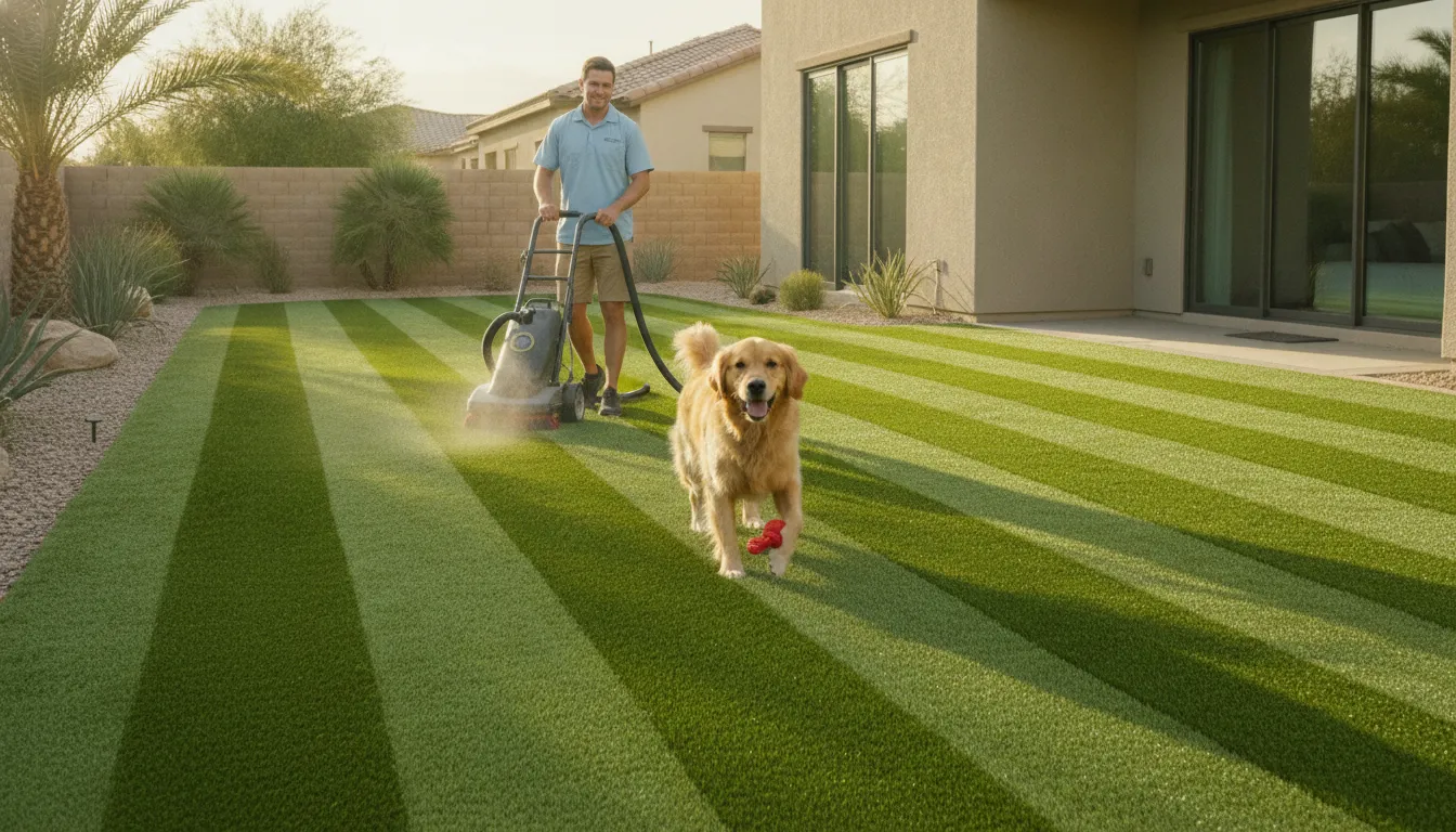 Artificial turf cleaning and odor treatment in a Las Vegas backyard