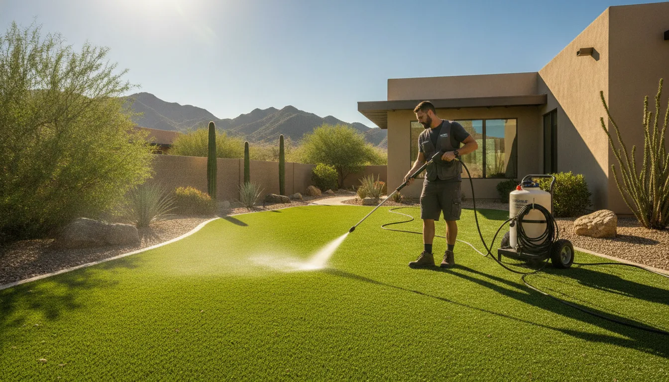 Pet waste cleanup tools beside a bright clean backyard