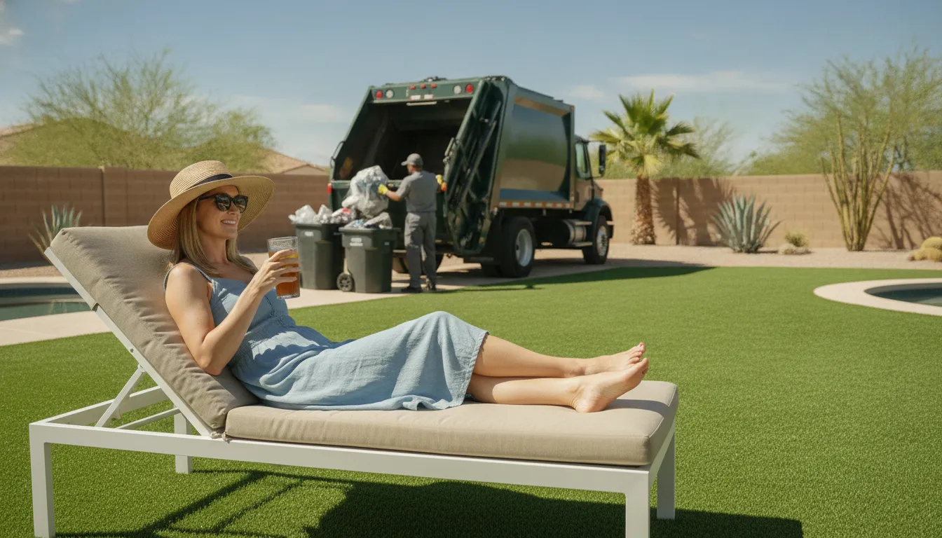 Homeowner enjoying a clean artificial turf yard after Southwest Las Vegas dog waste removal