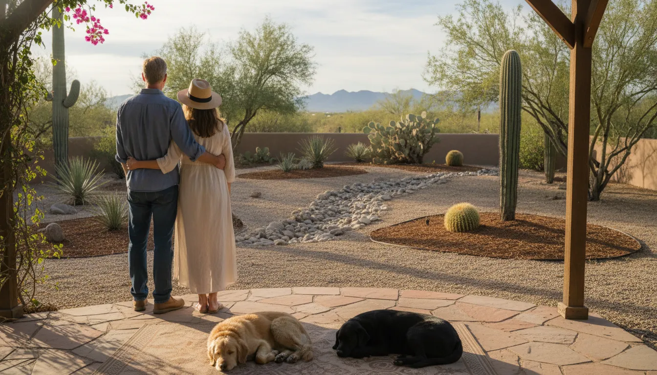 Homeowners and two dogs on a shaded patio in a clean Tucson yard