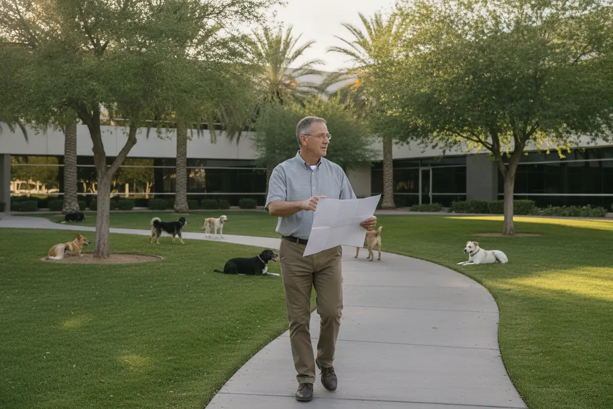 Las Vegas office park dog waste removal route showing lawns, walkways, and pet-friendly grounds