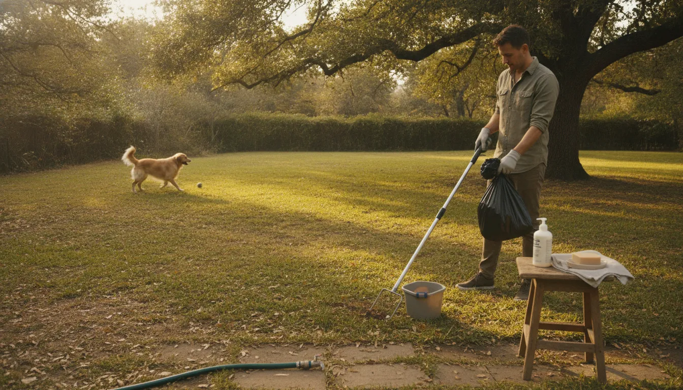 Gloved pet owner tying a sealed dog waste bag after yard cleanup
