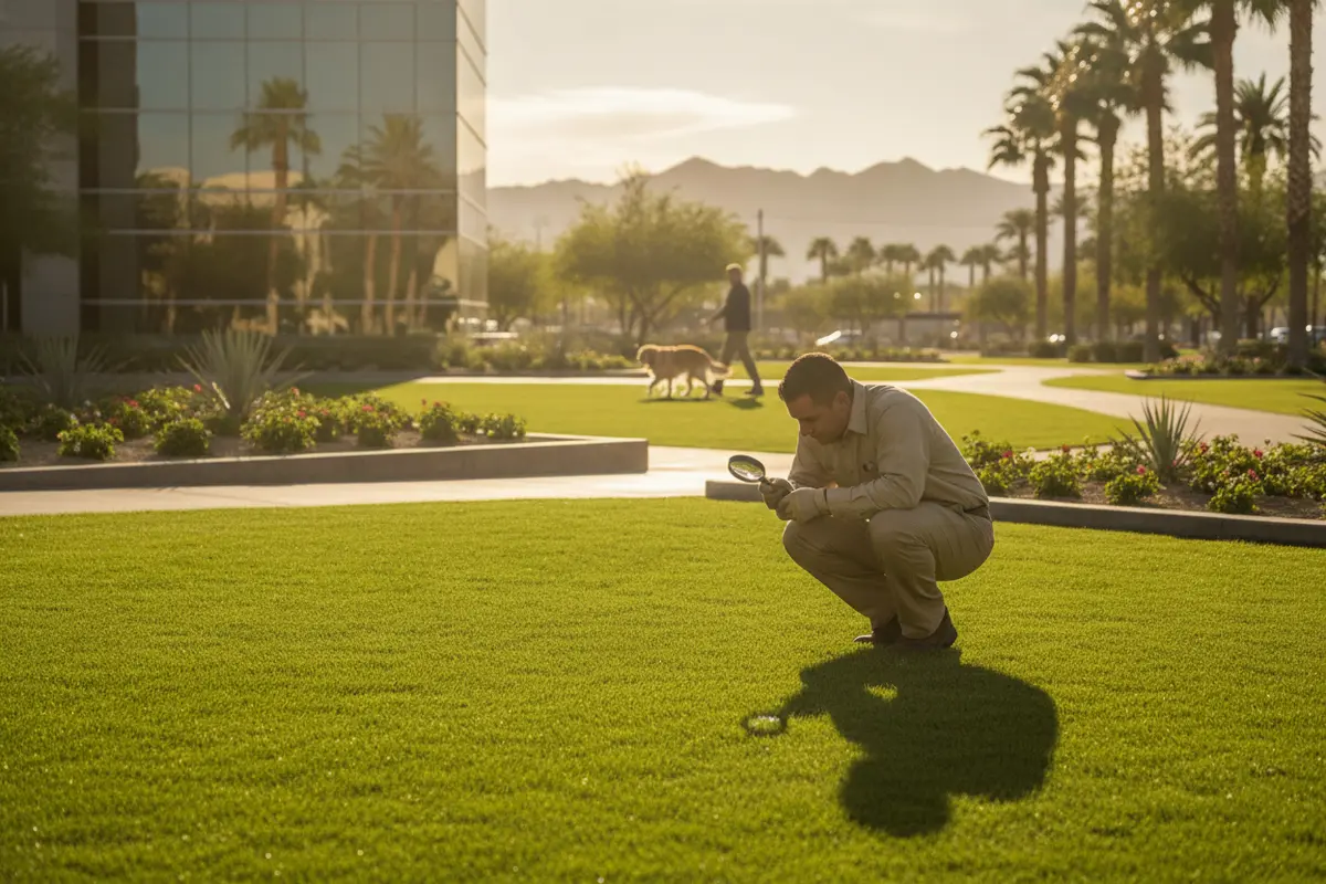 Professional pet waste removal keeping a Las Vegas office park lawn and shared walkway clean