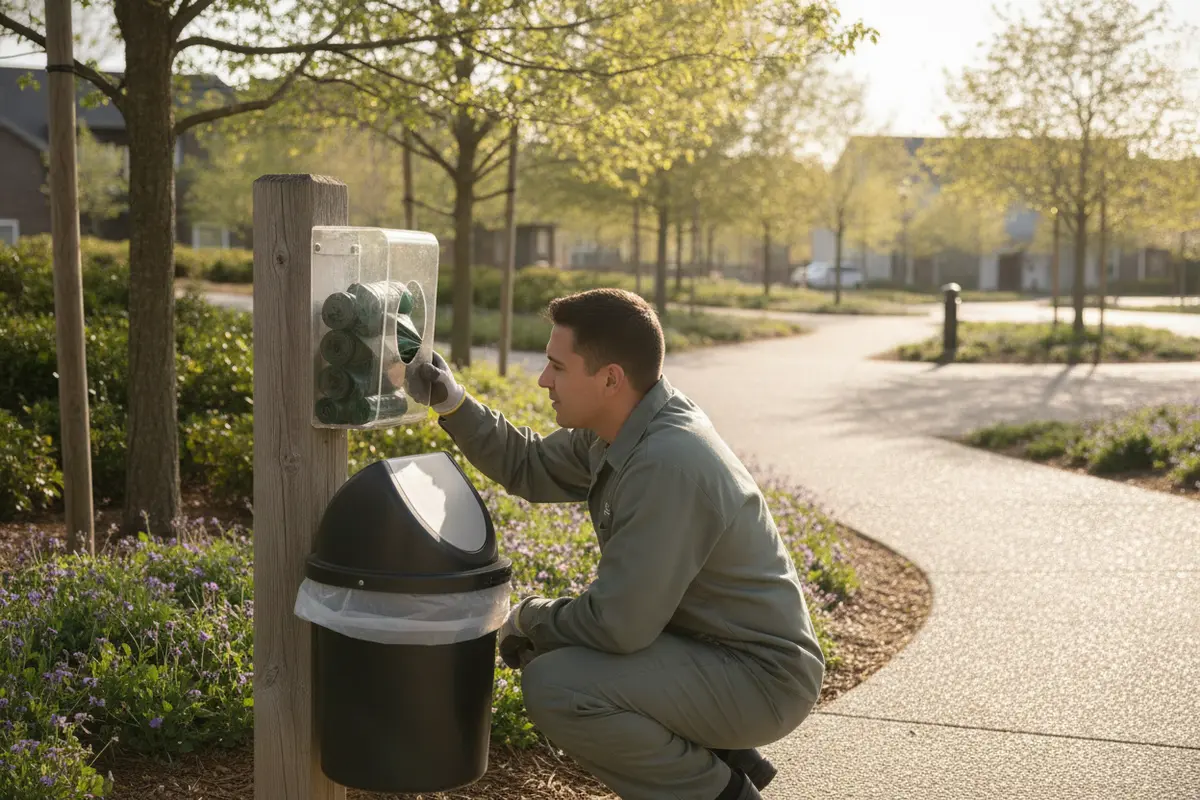 Property maintenance worker checking dog poop station bags and a waste bin on a community path
