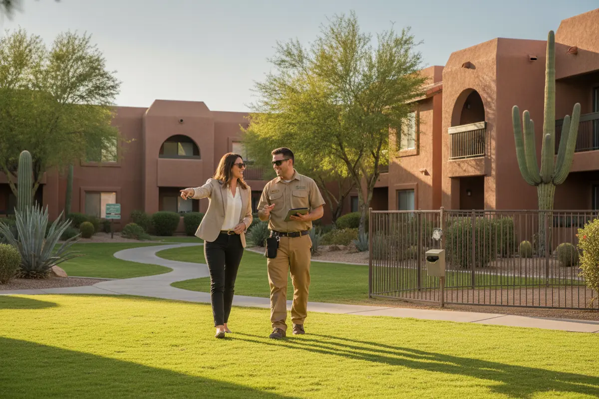 Property manager and service representative reviewing commercial dog waste cleanup areas