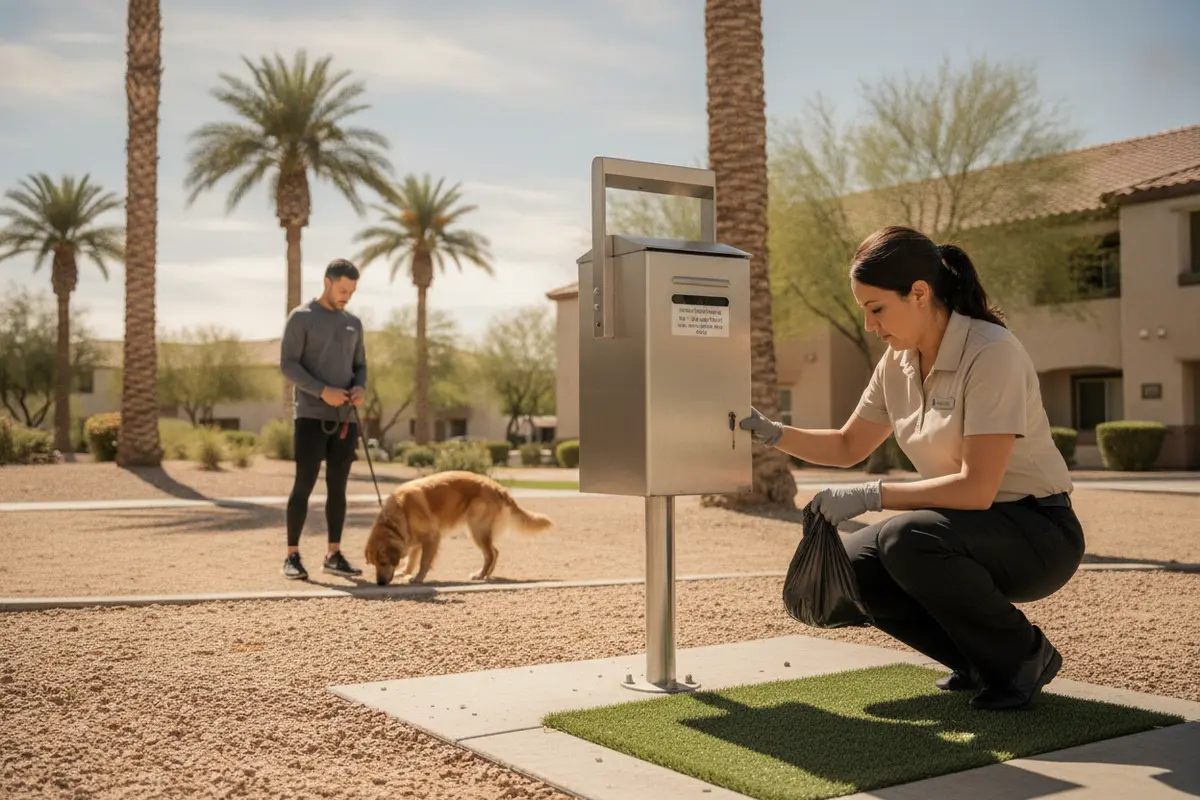 Property manager checking a dog-relief area's waste station and ground for dog waste