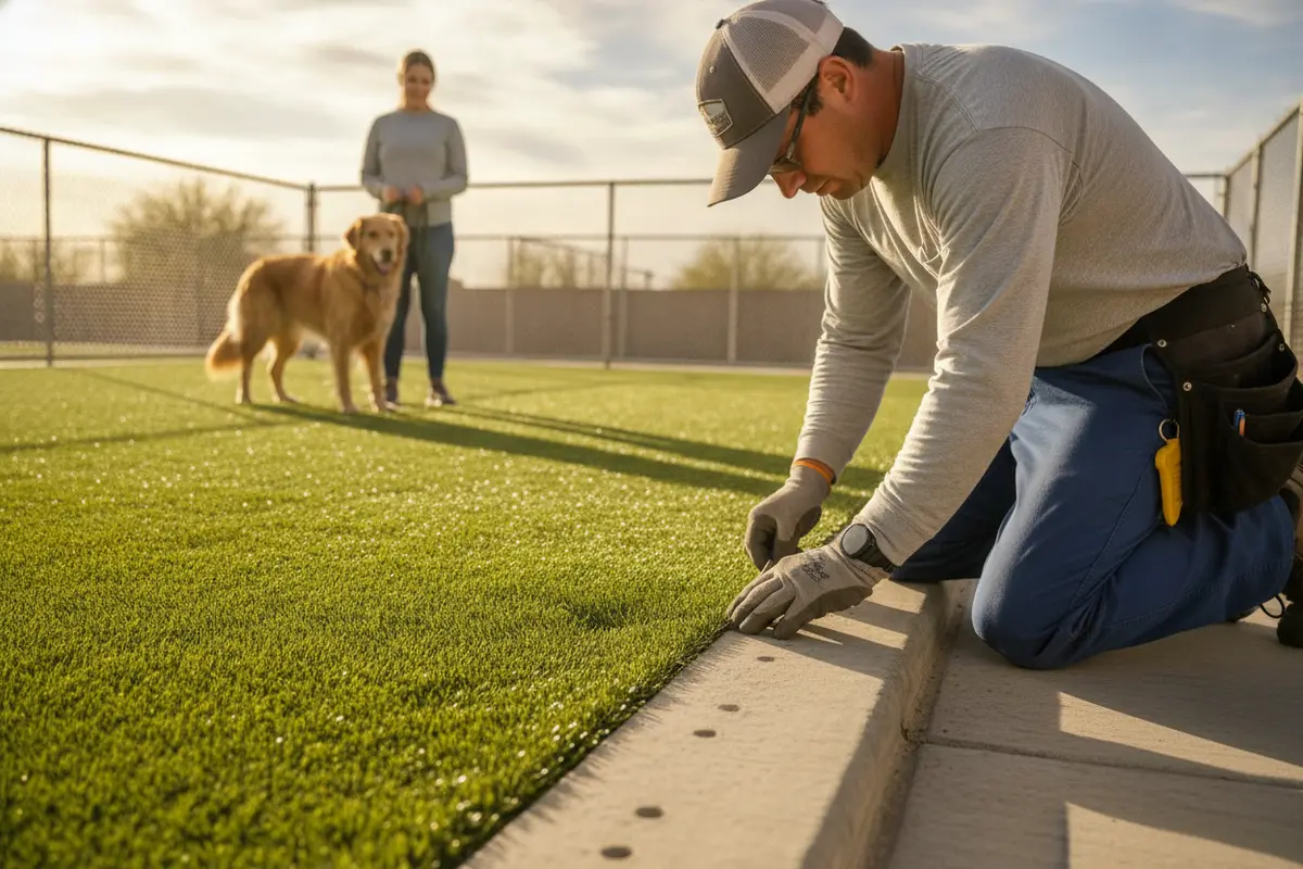 Property manager inspecting artificial turf, drainage, and edges in a dog-relief area