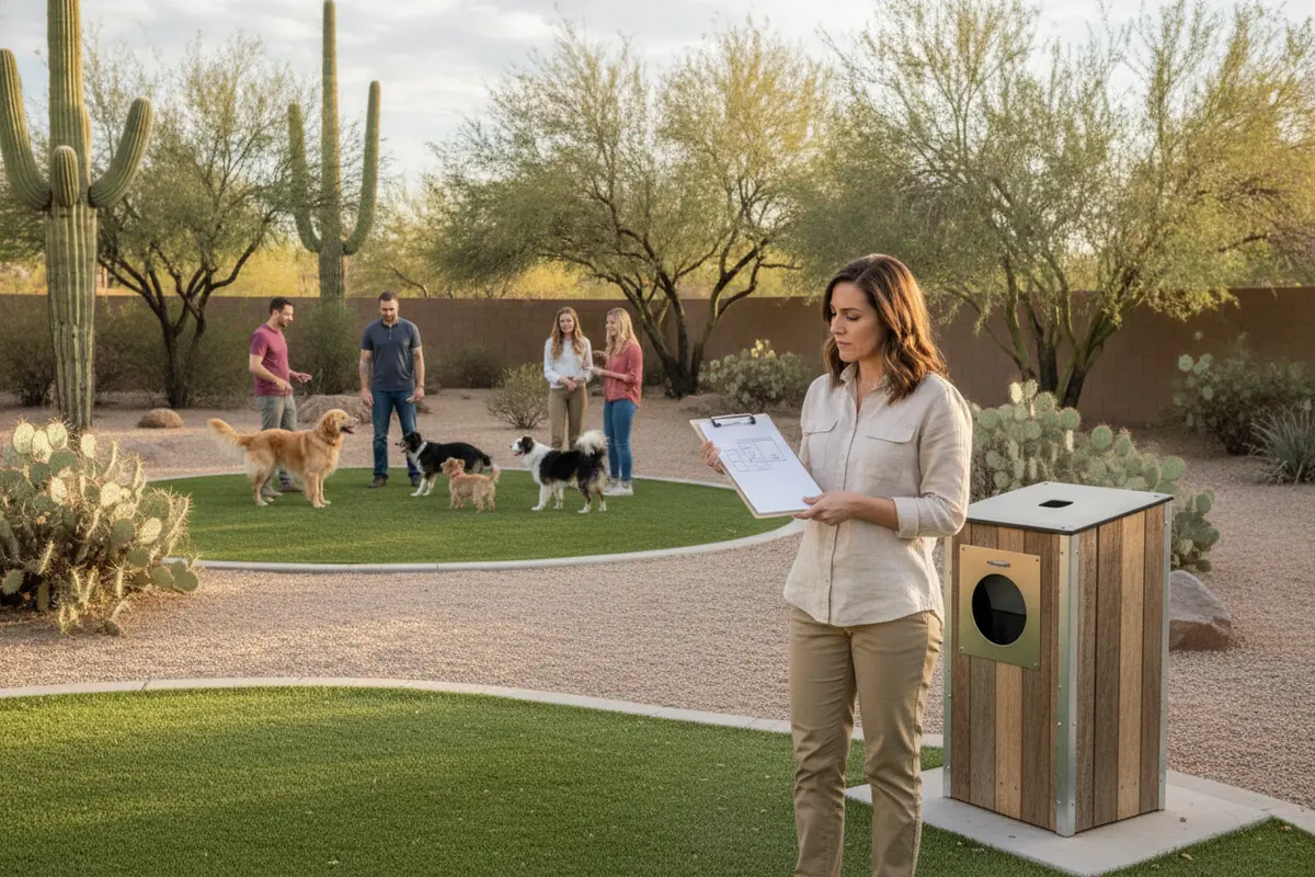 Property manager reviews a dog waste service plan for a shared outdoor area