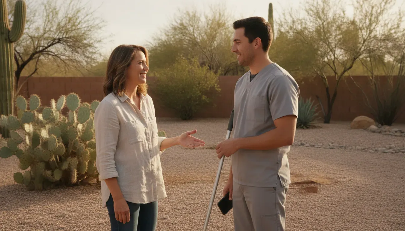 Tucson homeowner discussing dog poop service quality with a technician