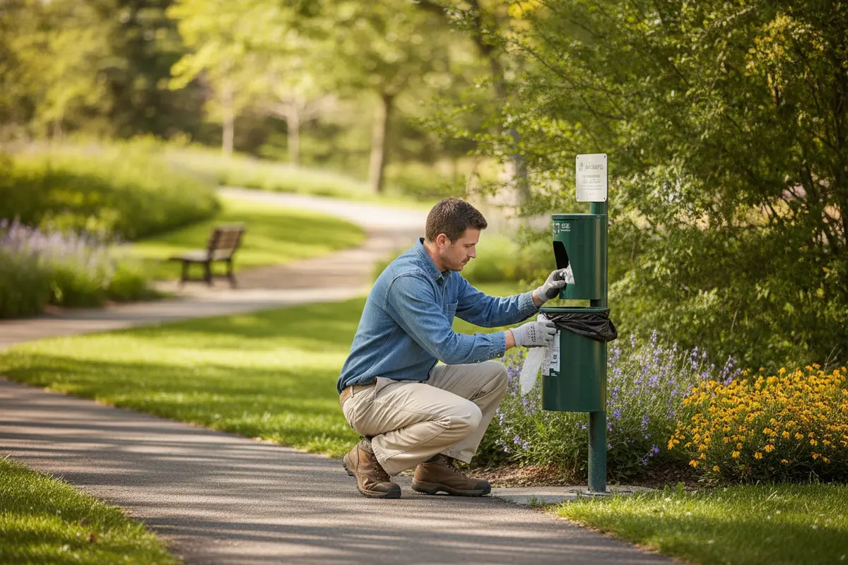 Routine dog waste station check at a clean shared property