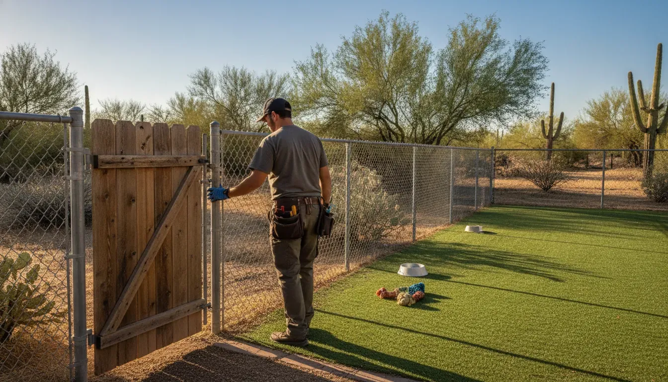 Pooper scooper Sahuarita technician checking a residential yard gate and dog area