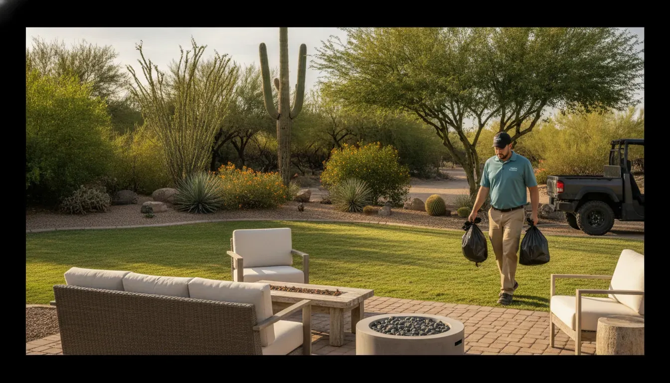 Pooper scooper Sahuarita sanitation process removing sealed waste bags from a clean yard