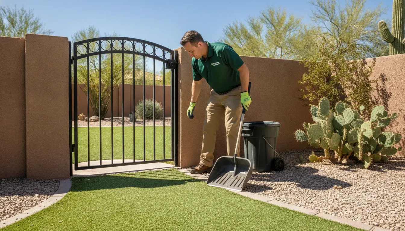 Technician checking a Tucson dog yard and gate during pet waste service