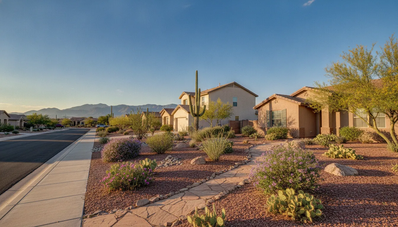 Stucco Tucson homes and desert landscaping on a quiet residential street