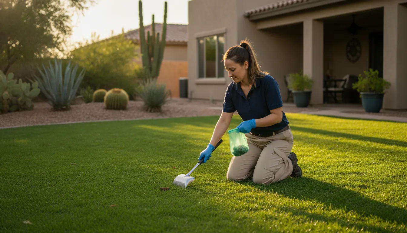 Professional technician collecting dog waste during a Tucson yard cleanup