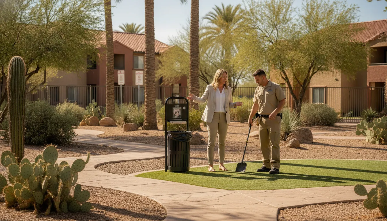 Tucson commercial pet waste removal technician reviewing a clean apartment dog area