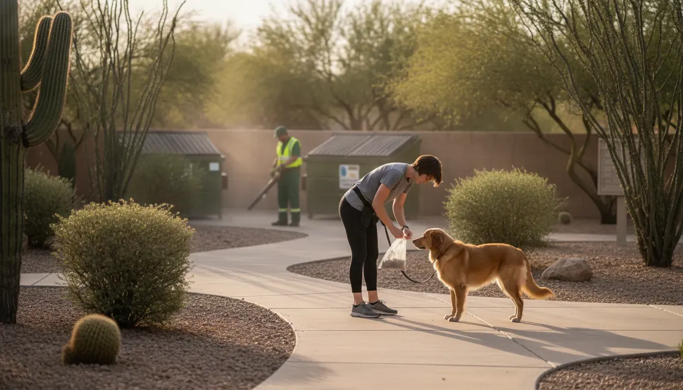 Clean shared dog-walking area at a Tucson rental community with pet waste service support