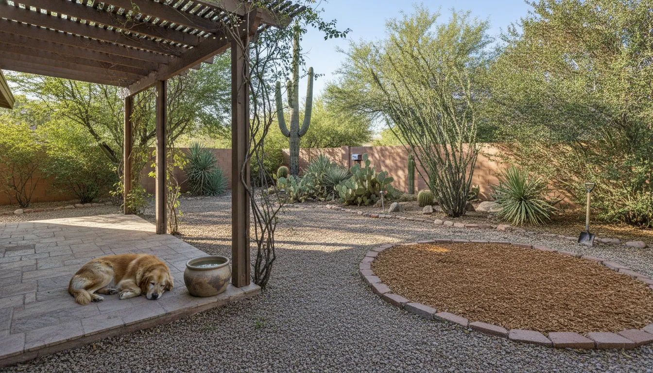 Clean Tucson summer yard with shaded dog area after pet waste removal