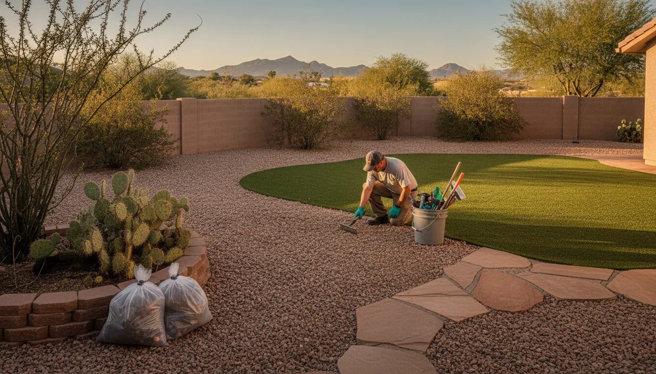 Pet waste removal in Tucson technician cleaning a gravel and turf backyard