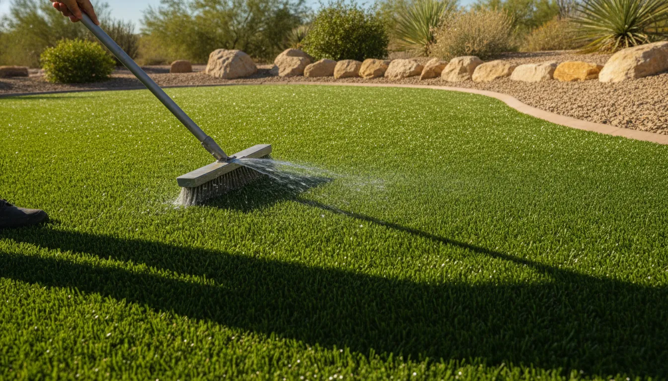 Turf deodorizing service routine for rinsing and brushing artificial grass
