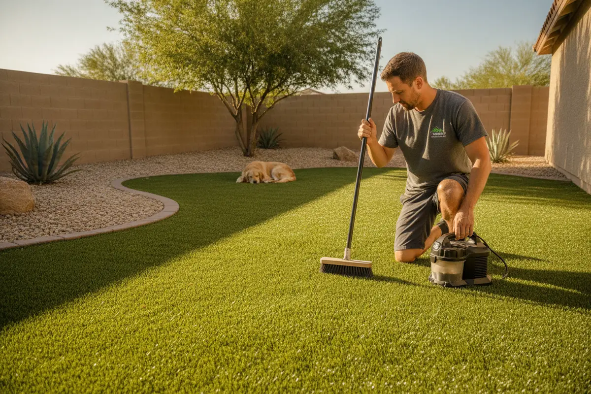 Turf cleaning for a pet-use artificial grass area in a sunny backyard