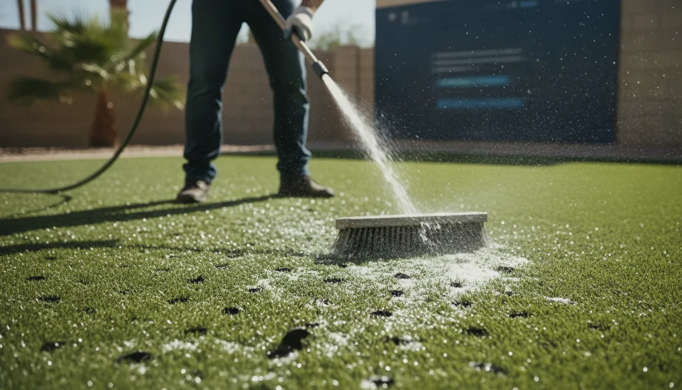 Turf deodorizing service technician rinsing artificial grass in a sunny Las Vegas yard