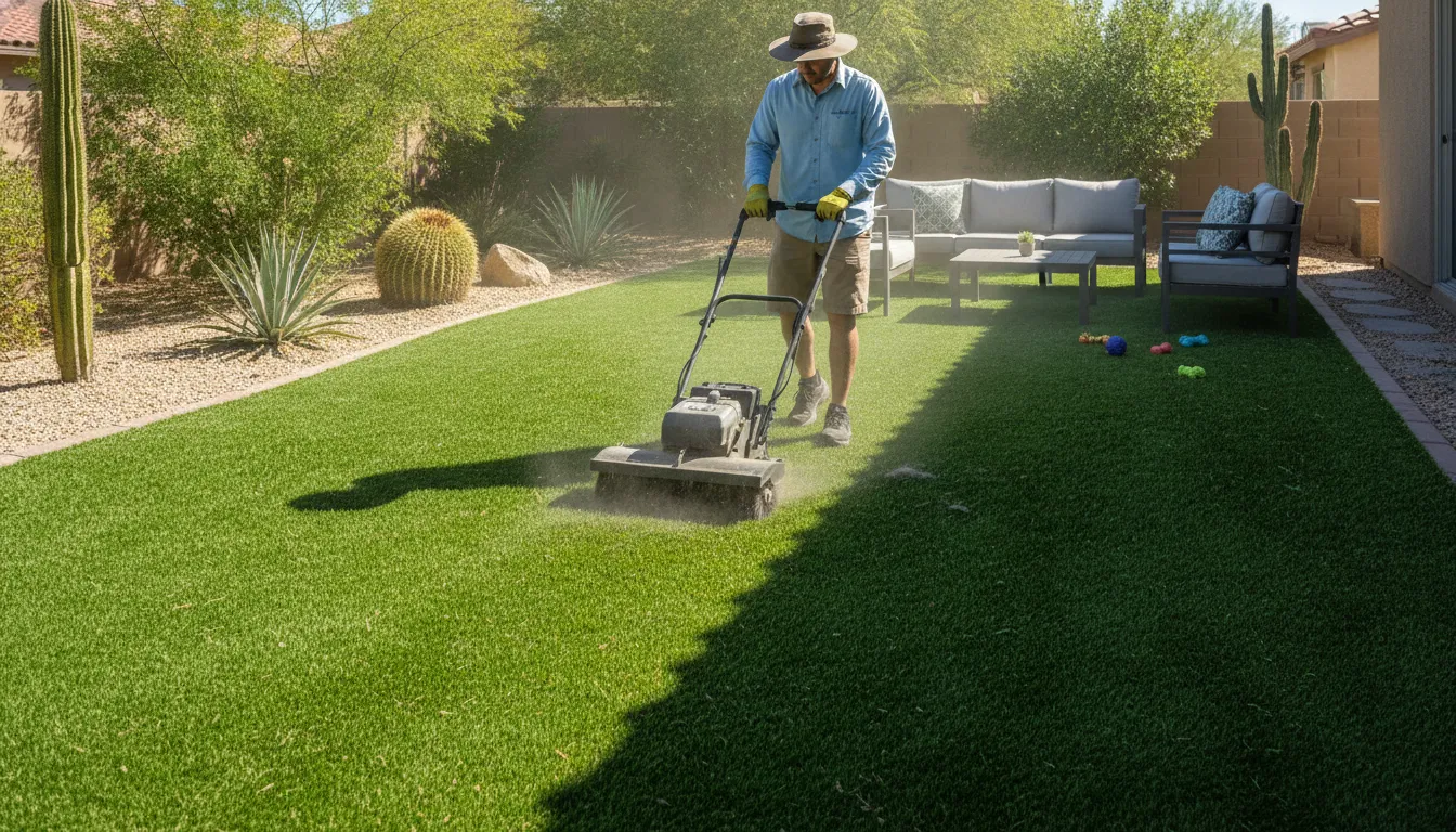 Technician grooming bright artificial turf during a turf cleaning service Las Vegas visit