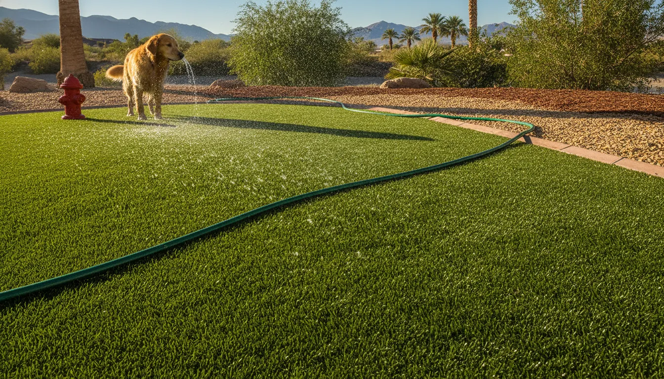 Las Vegas homeowner rinsing bright artificial turf in a clean pet yard