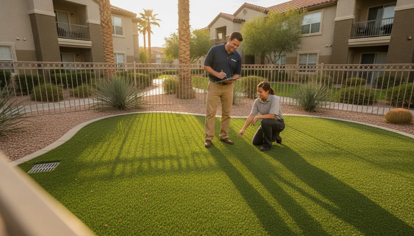 Homeowner planning artificial turf cleaning for a Las Vegas pet area