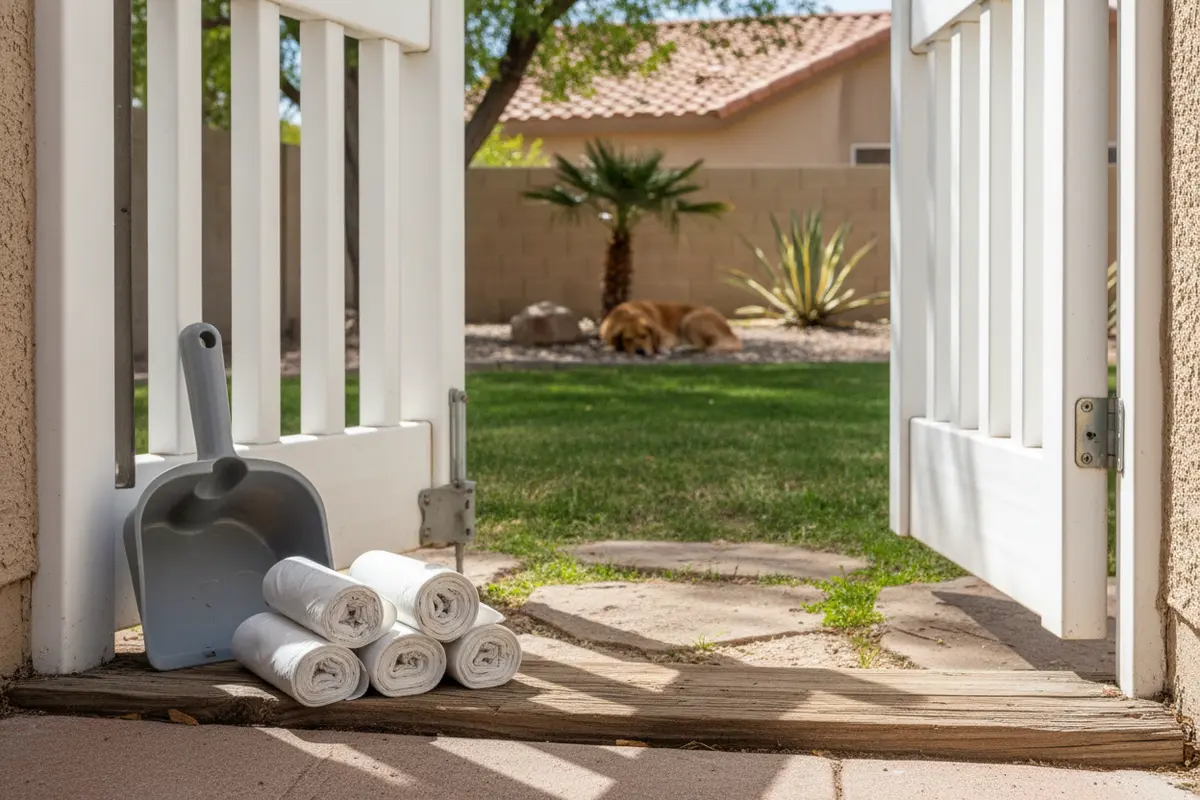 Waste bags and a scooper ready for routine yard cleanup dog poop