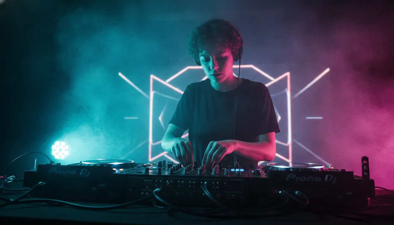 Best EDM Radio Online for 24/7 Electronic Music 1 DJ mixing an EDM radio online set in a neon-lit studio