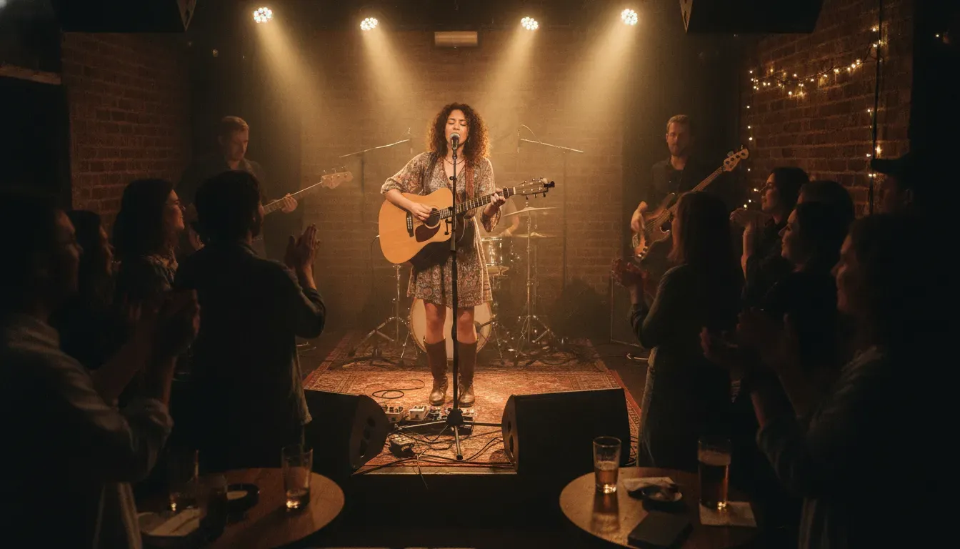 How to Write a Music Press Release for Your Single 1 An independent musician performing live on stage, illustrating a key music press release angle