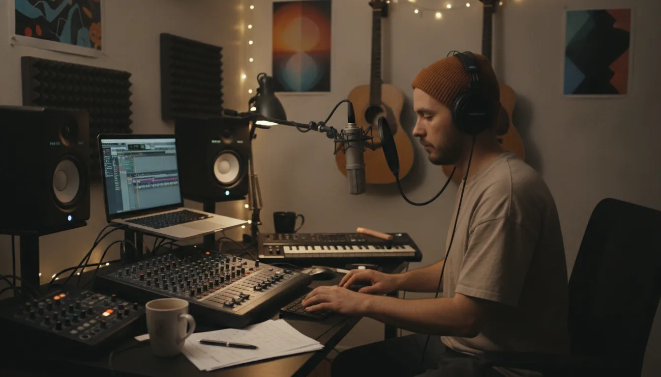 How to Build a Fanbase as an Independent Artist in 2026 1 Independent artist recording music in a home studio with headphones and professional mixing equipment