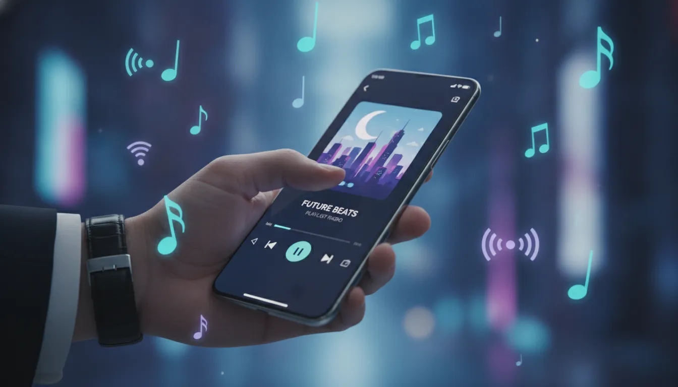Music Streaming Without Login: Free Access Changes Discovery 1 Person tapping a smartphone music streaming interface with no login or sign-up screen visible