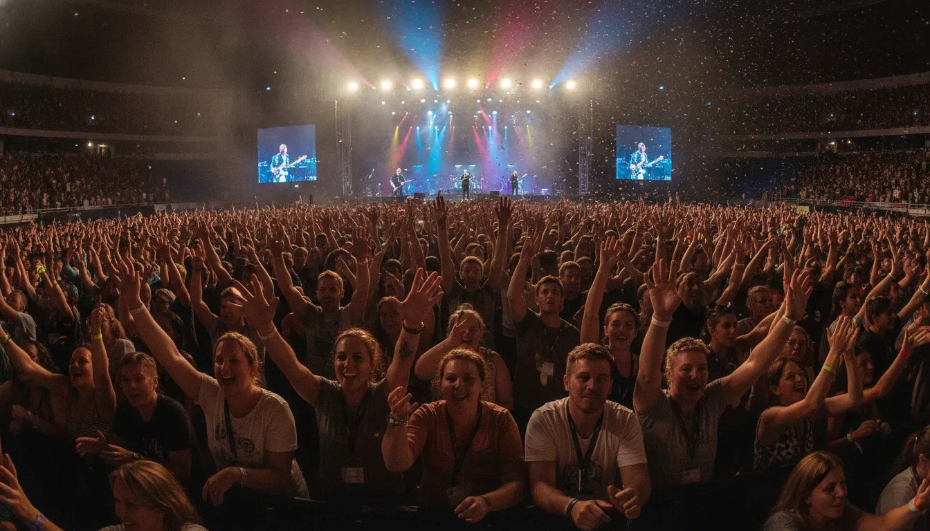 How to Build a Fanbase as an Independent Artist in 2026 2 Diverse crowd at a live music concert with stage lights illuminating an energetic audience
