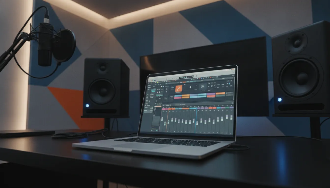 How to Get Interviewed on a Music Podcast: The Ultimate Artist Guide 2 A laptop showing a professional electronic press kit in a modern recording studio