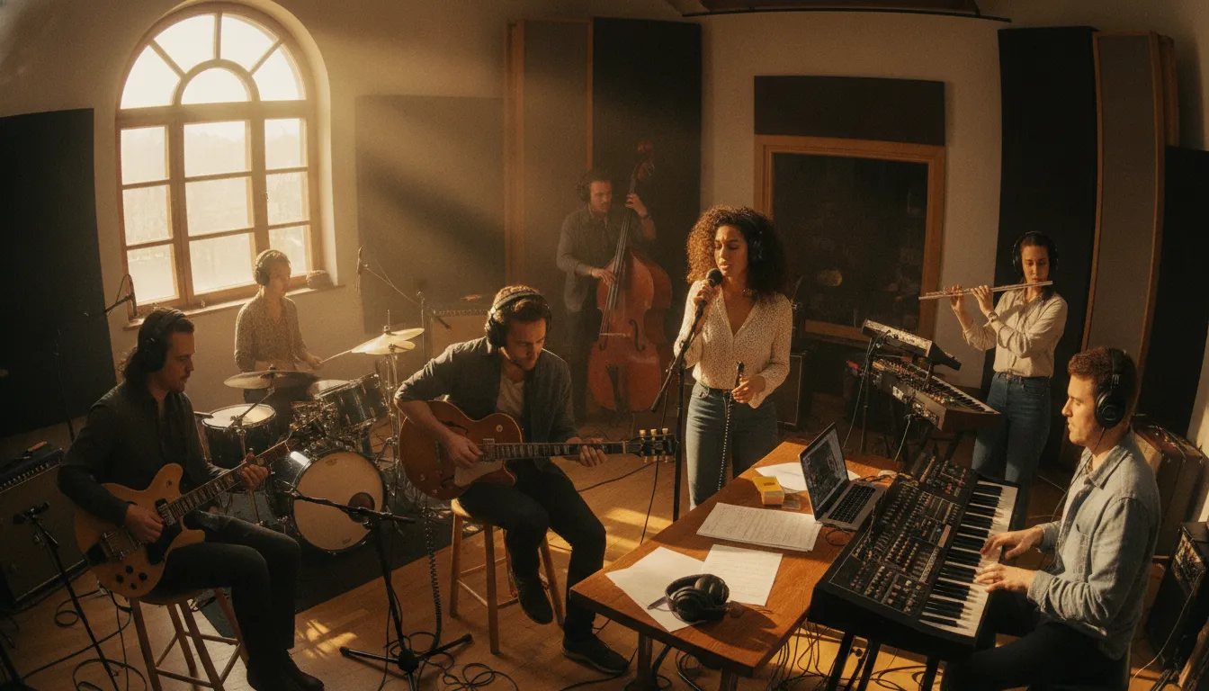 Music Streaming Without Login: Free Access Changes Discovery 2 Independent musicians in a studio recording session with headphones and instruments