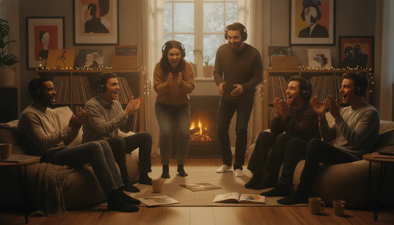 Why Human Curated Radio Matters More Than Ever 2 Diverse group of music listeners with headphones discovering new songs in a cozy room with records and music posters