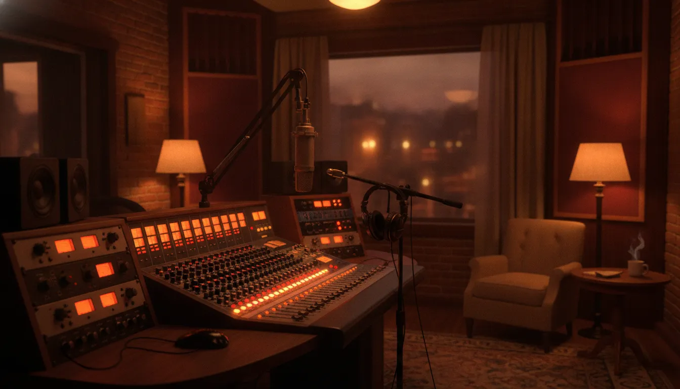 Why Human Curated Radio Matters More Than Ever 1 Warm radio studio with analog mixing board, microphone, and glowing broadcast equipment