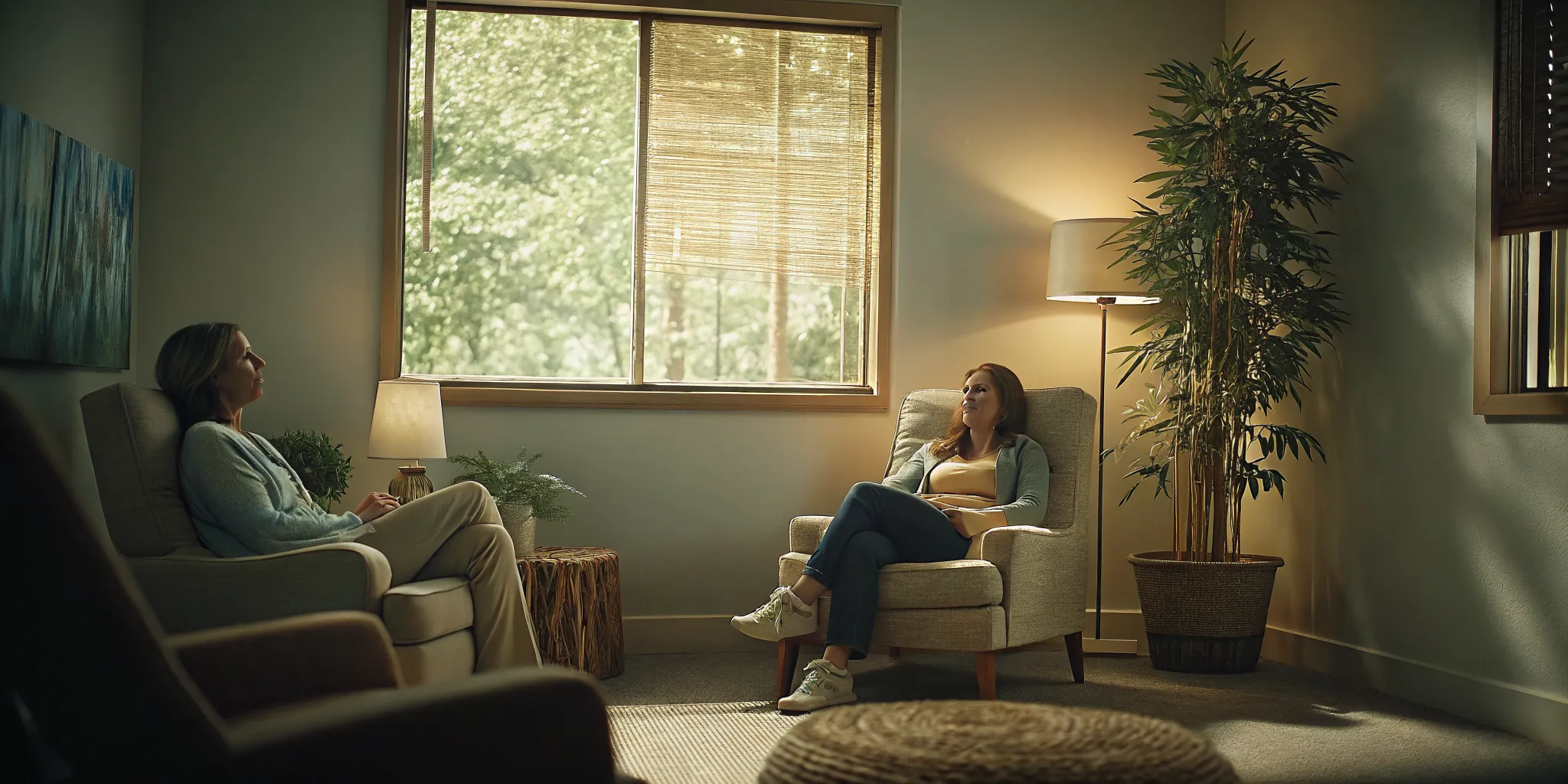 Peaceful therapy session room at a heroin addiction treatment center in New Jersey with warm lighting and professional care environment