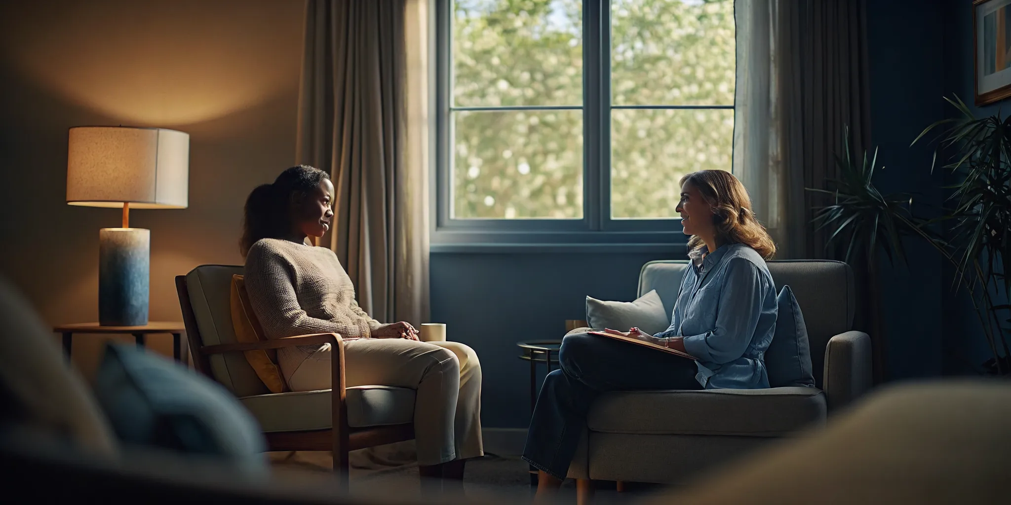Therapist consulting with a patient in a bright, modern therapy office setting