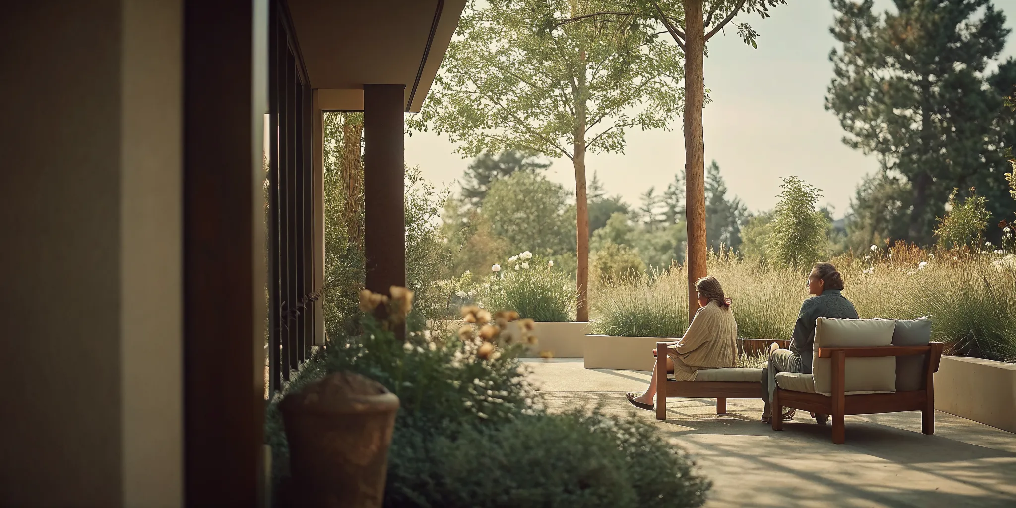 Peaceful outdoor garden patio at Legacy Healing NJ with walking paths