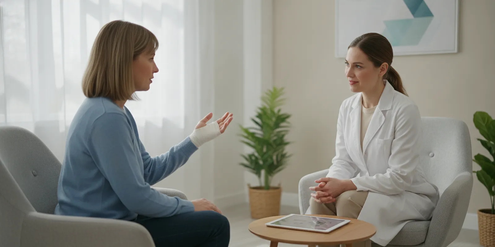 Patient discussing hand tendon recovery with a clinician in an exam room