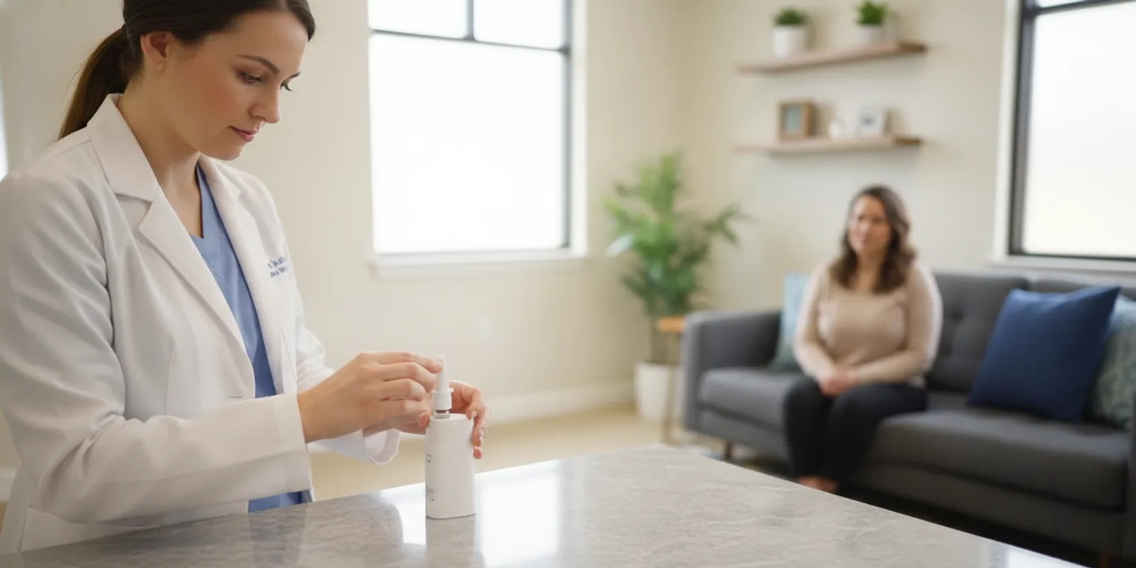 Clinician preparing a supervised nasal spray treatment in a calm medical office