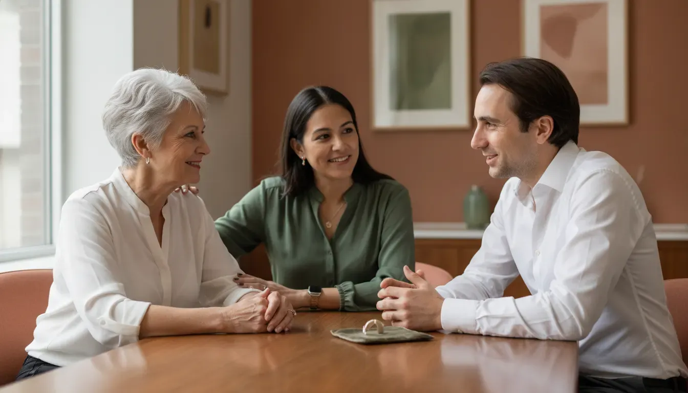 Famille échangeant avec un audioprothésiste pendant le suivi d'un appareil auditif