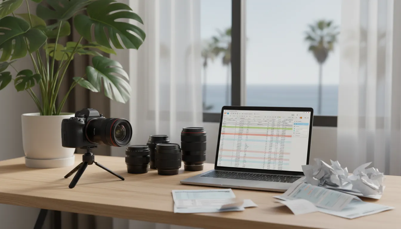 Creator tax deduction workspace with camera gear and receipts