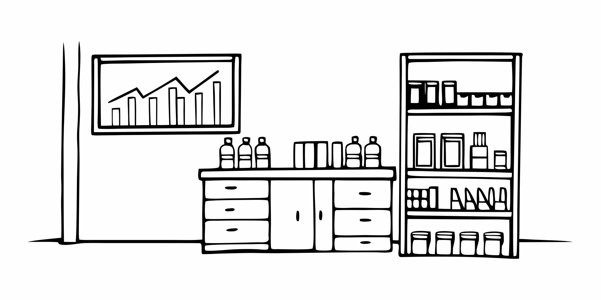 Veterinary clinic medical supplies and inventory organized on shelves with financial charts