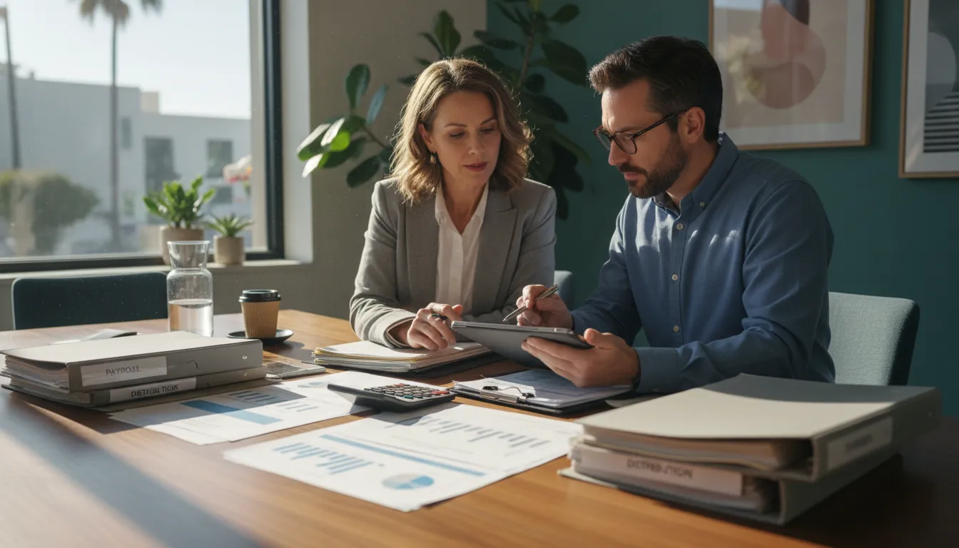 Accountant and practice owner reviewing dental monthly bookkeeping reports