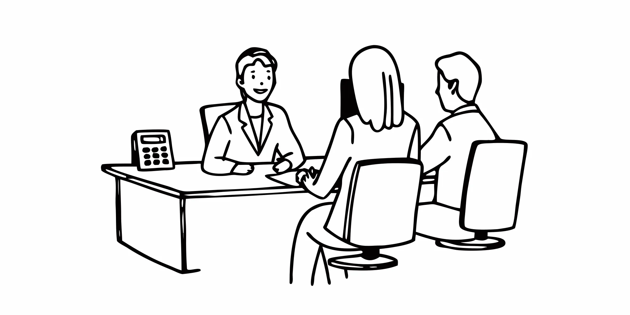 Line art of a dental practice owner planning combined retirement savings with accountants at a bright desk